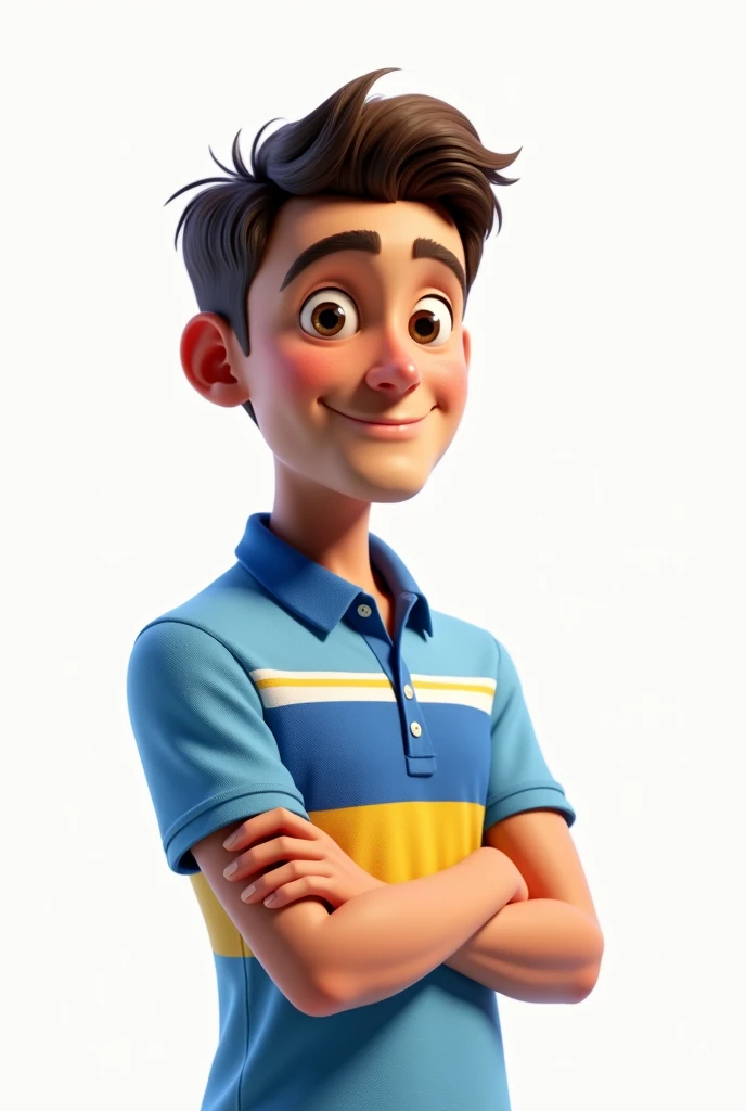 Create a 3d pixar-style portrait with a clean look and white background of a 30 year old man, He doesn't have a beard, brunette skin, brown dark eyes, don't smile, Dark Brown Short Hair, wearing a blue, yellow and white Polo shirt, medium forehead, half round face