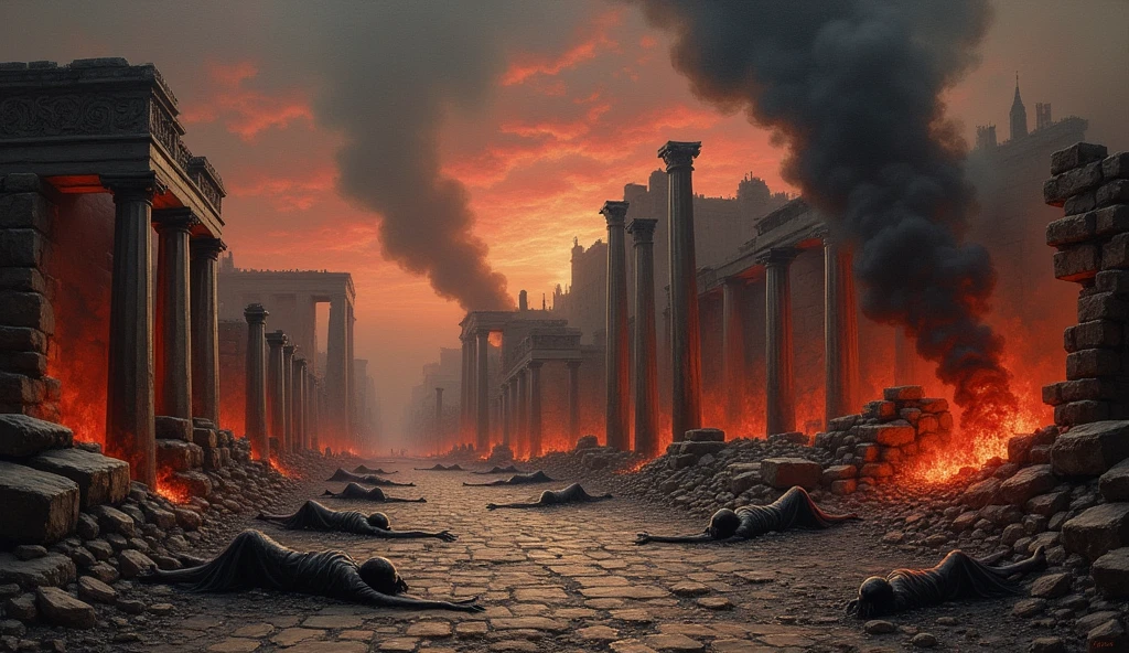 (oil painting) newly destroyed ancient city, with fire, Smoke and dead people in the streets