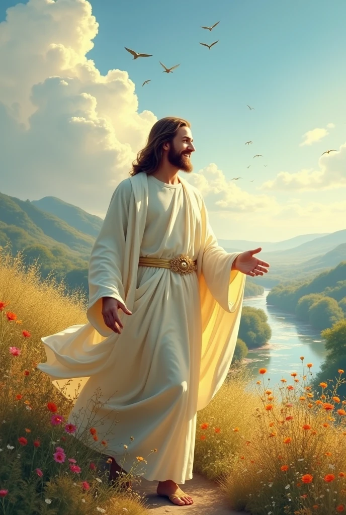 Wonderful Jesus Christ with his hand outstretched and a smile on his face, in the background of a wonderful landscape
