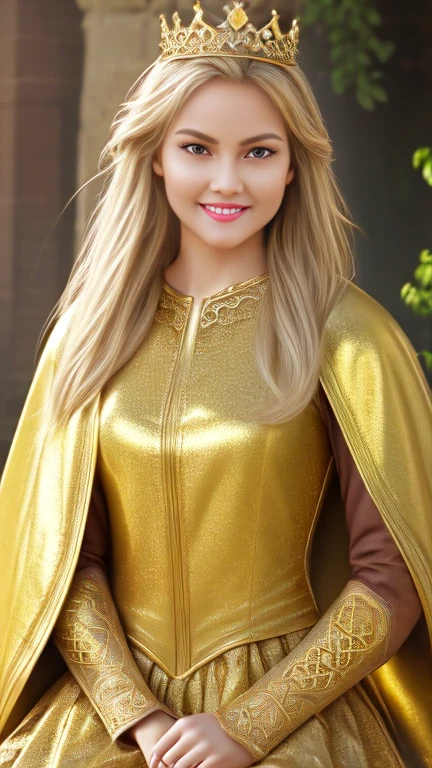 Once upon a time, live the beautiful princess, with golden armor and cloak, long blonde hairs, crown on the head, waiting someone for a love, she have beautiful smile, courtyards, full body, (Masterpiece), (best quality), (high quality), (extremely detailed) CG unity, 8k wallpaper, (cinematic angle)