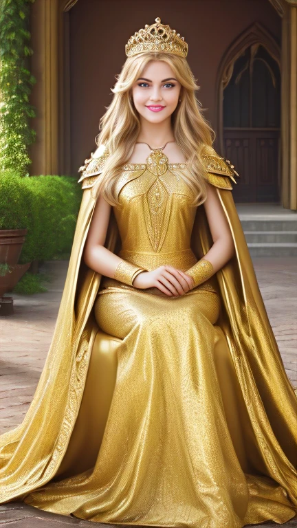 Once upon a time, live the beautiful princess, with golden armor and cloak, long blonde hairs, crown on the head, waiting someone for a love, she have beautiful smile, courtyards, full body, (Masterpiece), (best quality), (high quality), (extremely detailed) CG unity, 8k wallpaper, (cinematic angle)