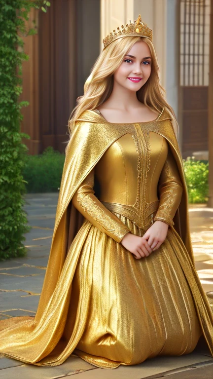 Once upon a time, live the beautiful princess, with golden armor and cloak, long blonde hairs, crown on the head, waiting someone for a love, she have beautiful smile, courtyards, full body, (Masterpiece), (best quality), (high quality), (extremely detailed) CG unity, 8k wallpaper, (cinematic angle)