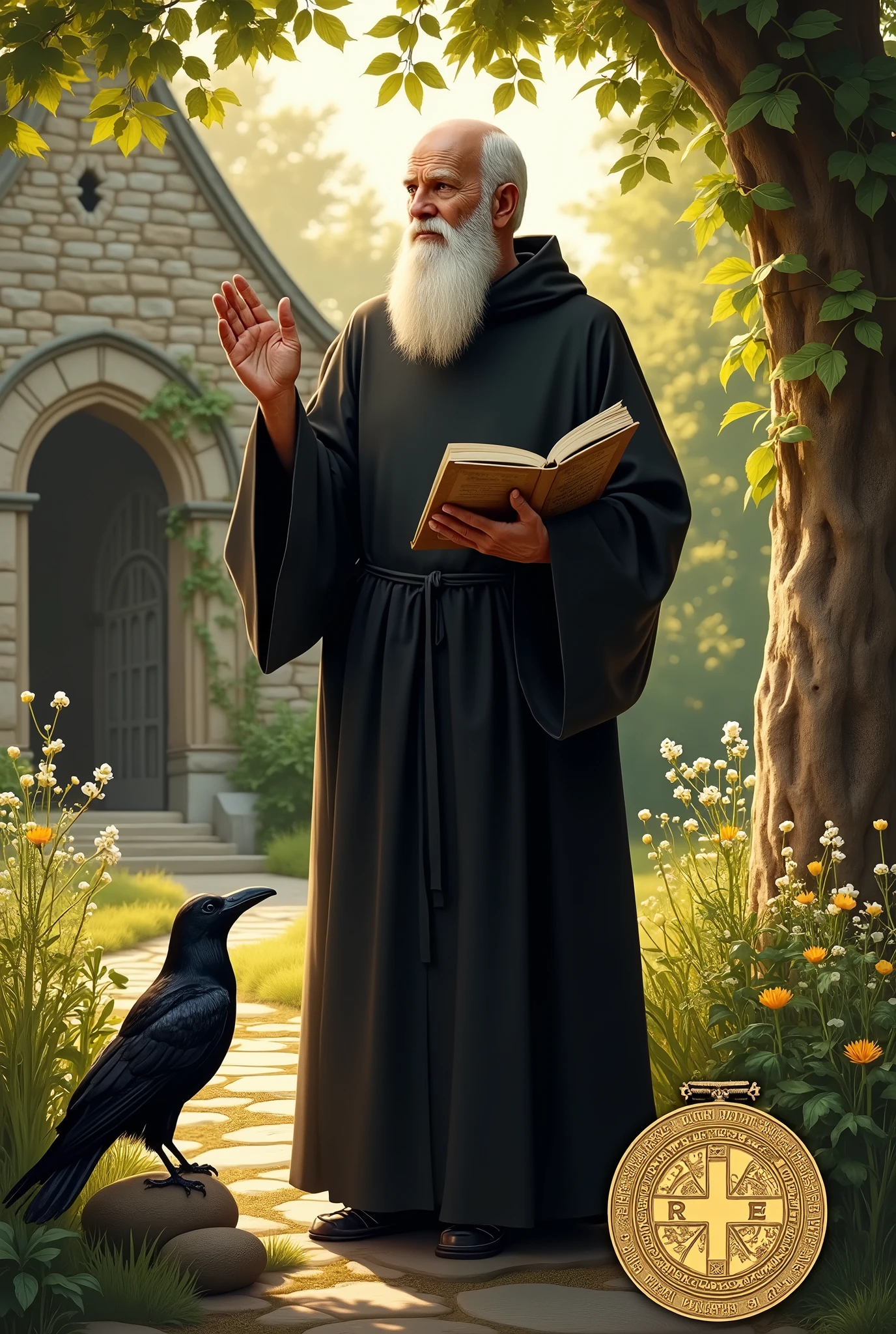 The traditional image of Saint Benedict typically portrays him as an elderly monk with an austere and serene appearance. He is depicted wearing a black monastic habit, symbolizing his order, the Benedictines.
In his left hand, he holds the "Rule of Saint Benedict," a book containing his monastic rules, while his right hand often makes a gesture of blessing. Sometimes, he holds a cross or a chalice with a serpent emerging from it, symbolizing a miracle where he survived a poisoning attempt.
At his feet, there may be a raven, representing the legend where a raven took away the poisoned bread offered to him, saving his life. In other depictions, the image includes the Medal of Saint Benedict, featuring the cross and initials of Latin prayers against evil.
He is usually shown with an expression of peace and wisdom, reflecting his life dedicated to prayer and monastic work.