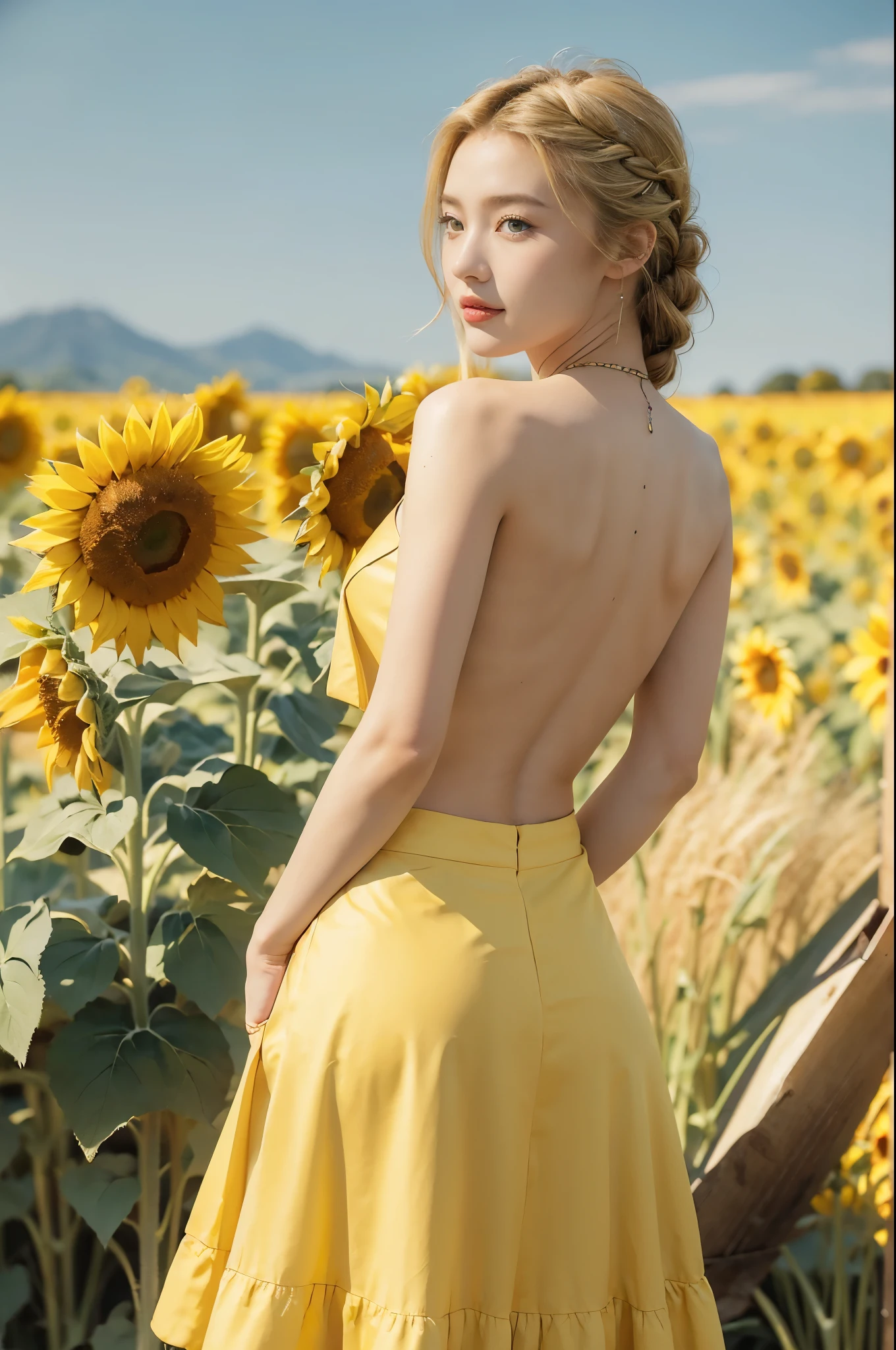 (((best quality))), (((ultra detailed))), (((masterpiece))), illustration,((a beautiful Ukrainian girl,solo)),((slim,thin)),((bare back,towering hips,butt crack)),(standing amidst a field of sunflowers:1.3),(short blonde braid hair:1.3), (((vibrant blue shirt,maxi bright yellow skirt))),((from back,upper body)),complementary attire, (horizon as backdrop:1.2),((brilliant shade of clear blue sky, stark contrast with sea of yellow sunflowers)),striking features, sharp piercing eyes, warm kindness, subtle smile, gentle nature, simplicity of beauty