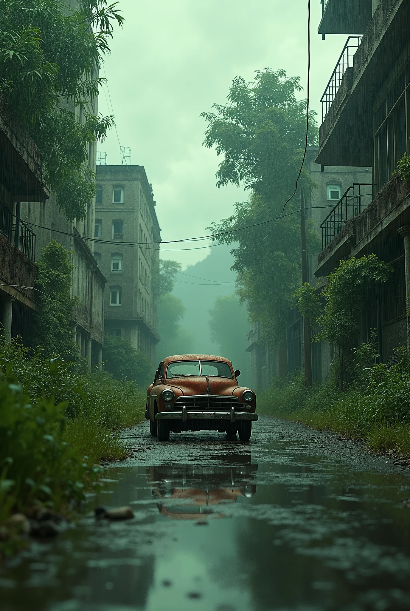 a rusty old car, post-apocalyptic city street scene, tree grow everywhere, dilapidated buildings, cracked pavement, overgrown tall grass, cloudy dramatic sky, greeny, light rain, cinematic lighting, cinematic composition, highly detailed, photorealistic