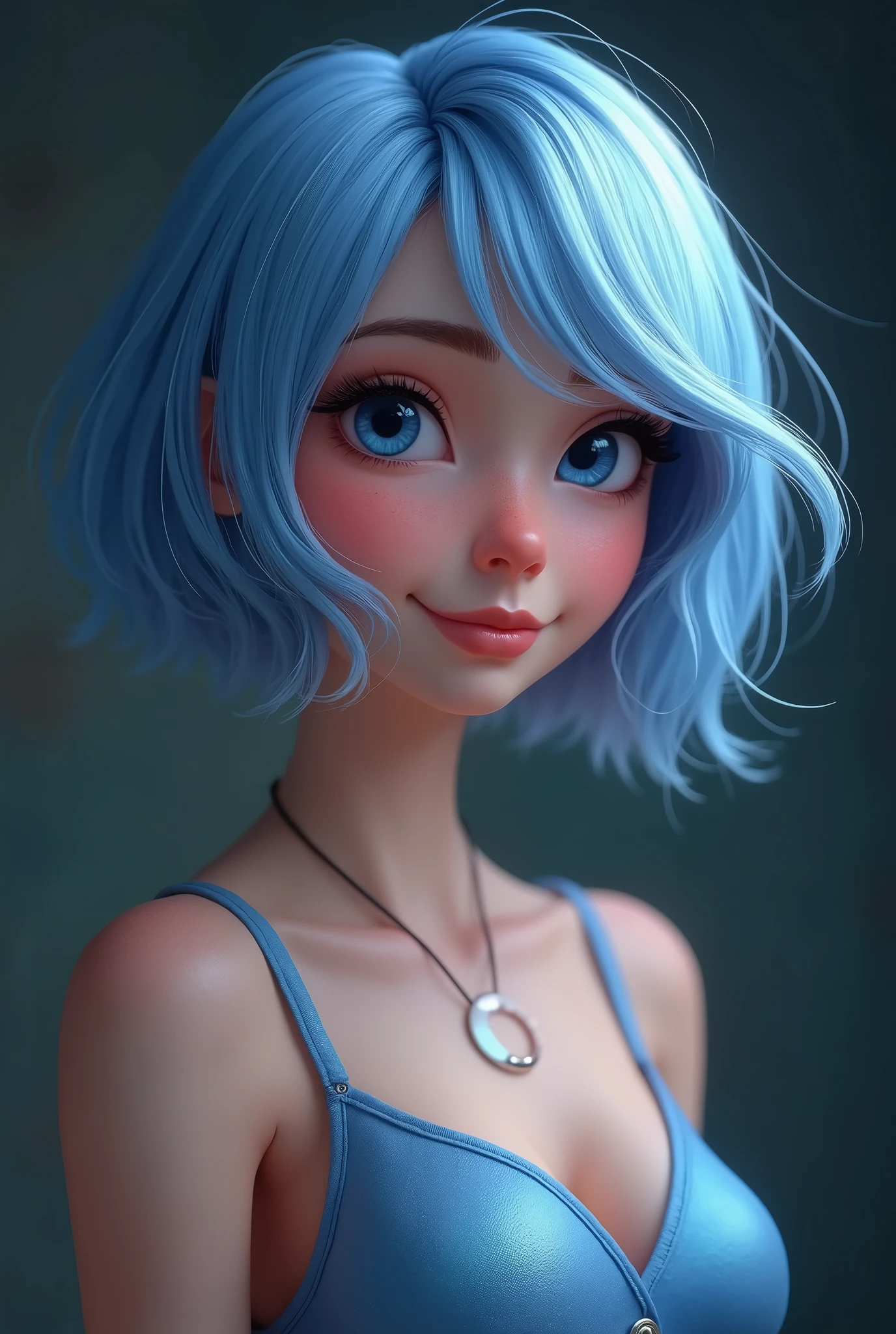 (Highest quality, 8k, 32K, masterpiece, Ultra-high resolution:1.2),Cute 18-year-old American woman image, Large Breasts, Very short bob hair,whole body,(one piece,1.1) necklace, background, View your viewers,Model pose, (((Silver streaks in blue hair))), (((Bright light blue eyes))) (((Award-winning details)) ((The atmosphere of the Disney movie Descendants)))