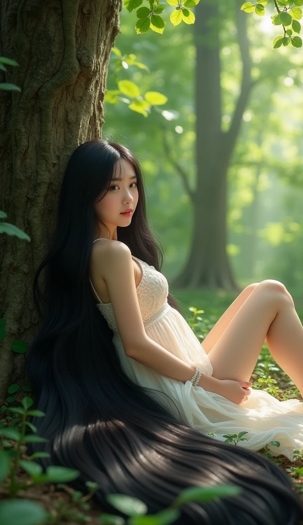 Cute Japanese girl、Full body photo、Head to toe photos、Taken from about 4 meters away、ultra-realistic、The longest black hair in the world、Hair longer than Rapunzel、She has very long black hair that covers her entire body...、Hair that is shampooed every day is so beautiful、I&#39;s hair isバラの香りがして、My very long black hair makes me look sexy.、My charm is my long black hair、Long black hair is a symbol of beauty、I&#39;I am proud of my long black hair、This long hair length and volume is admired around the world.、Her very long black hair is fanned out、Smooth black hair that flows from shoulders to floor、I have a lot of hair、Cover the entire bed with hair、Hide your hands with your long hair、Hide your fingers with your long hair、A storm of black hair about to overflow from the screen、,Full body photo,超Super long hair、naked、the most Beautiful Hair in the world、Lie on your back in tree on forest、Long hair covering her vagina、White underwear or naked、Cover the whole body with straight hair、Very beautiful face、beautifully styled black hair、Very large amounts of hair、Super long hair that accentuates femininity&#39;sexly、Slim figure、Beautiful and shiny hair、Bright lighting、Professional Lighting、Full body photo、Black hair contest winner、the place is a forest、My hair is reaching the ground and dragging、Full of black hair、She is leaning on the tree, Show off your long hair.、The tree is full of hair、Long black hair covers the whole body、Super long hair、Best image quality、highest quality、Highest Resolution、Ultra-realistic photos、Full body photo、1 girl、Very beautiful face、 Real Photo、Live-action,((large breast:1.6),((pose looking back over shoulder)), sunlight on hair, straight hair 
