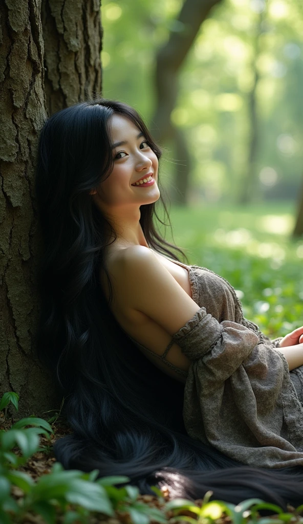 Cute Japanese girl、Full body photo、Head to toe photos、Taken from about 4 meters away、ultra-realistic、The longest black hair in the world、Hair longer than Rapunzel、She has very long black hair that covers her entire body...、Hair that is shampooed every day is so beautiful、I's hair isバラの香りがして、My very long black hair makes me look sexy.、My charm is my long black hair、Long black hair is a symbol of beauty、I'I am proud of my long black hair、This long hair length and volume is admired around the world.、Her very long black hair is fanned out、Smooth black hair that flows from shoulders to floor、I have a lot of hair、Cover the entire bed with hair、Hide your hands with your long hair、Hide your fingers with your long hair、A storm of black hair about to overflow from the screen、,Full body photo,超Super long hair、naked、the most Beautiful Hair in the world、Lie on your back in tree on forest、Long hair covering her vagina、White underwear or naked、Cover the whole body with straight hair、Very beautiful face、beautifully styled black hair、Very large amounts of hair、Super long hair that accentuates femininity'sexly、Slim figure、Beautiful and shiny hair、Bright lighting、Professional Lighting、Full body photo、Black hair contest winner、the place is a forest、My hair is reaching the ground and dragging、Full of black hair、She is leaning on the tree, Show off your long hair.、The tree is full of hair、Long black hair covers the whole body、Super long hair、Best image quality、highest quality、Highest Resolution、Ultra-realistic photos、Full body photo、1 girl、Very beautiful face、 Real Photo、Live-action,((large breast:1.6),((pose looking back over shoulder)), sunlight on hair, straight hair