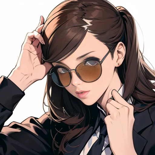, A girl with one sunglasses perched on her head,