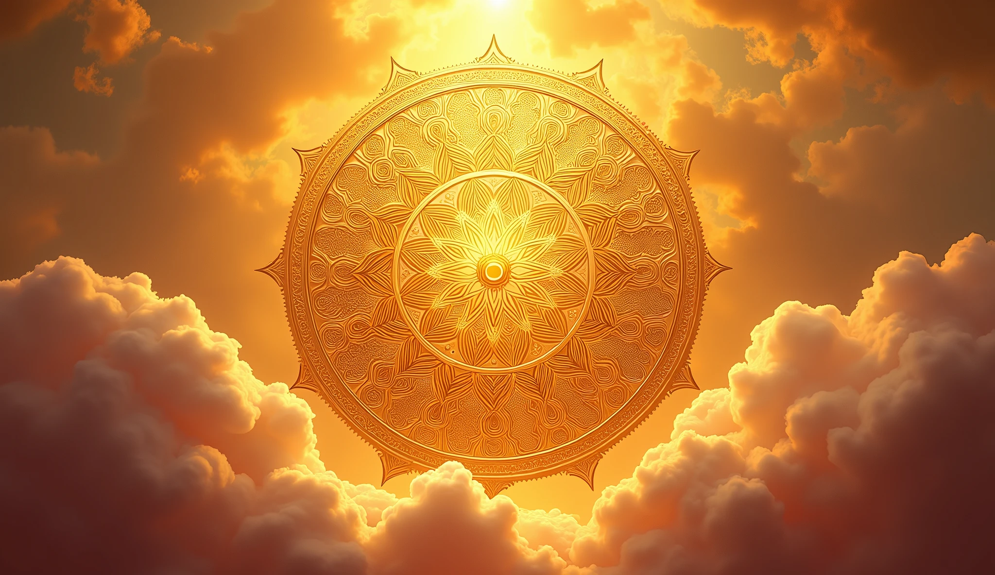 Gold mandala, golden mandala, clouds, symmetrical picture, beautiful lighting, 3d, nenuphar, ruby, 3d, vivid colors, intricate, elegant, cristal, smooth, sharp focus, highly detailed digital painting, illustration, joy, yellow, citron, chakra, tibetan, 3d, multidimensionnal, orange, chakras, 300dpi