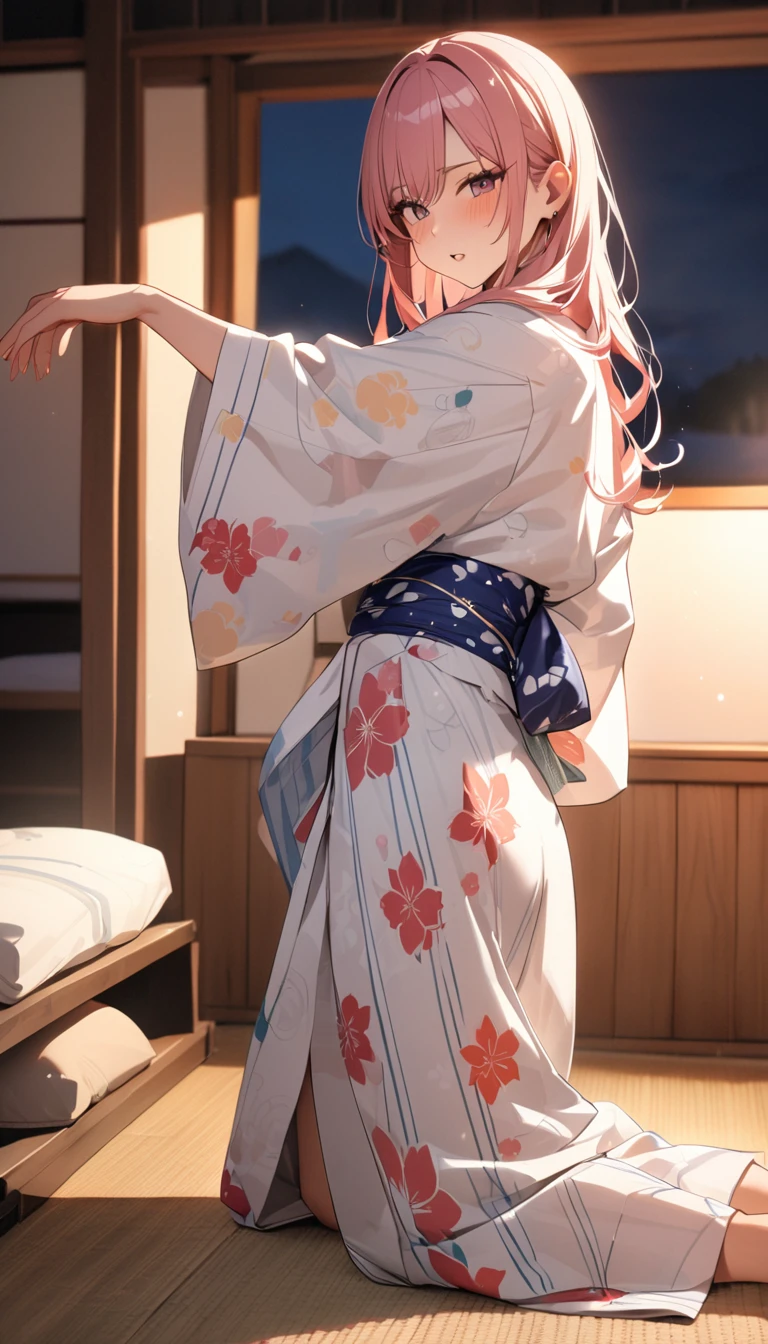 masterpiece,Highest quality,8k,futon,hostel,yukata,Bold Pose,Big behavior,Shiny hair,Glossy skin,Japanese idol model,
