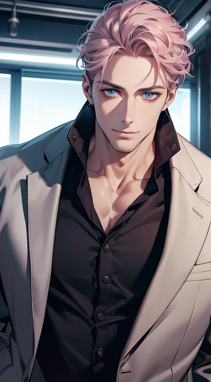 (best quality,4k,8k,highres,masterpiece:1.2),ultra-detailed,(realistic,photorealistic,photo-realistic:1.37),1 man,31 years old,mature man,very handsome,without expression,smile,short grey pink hair,blue eyes,penetrating gaze,perfect face without errors,imposing posture,businessman,office background,cinematic lighting,hdr image