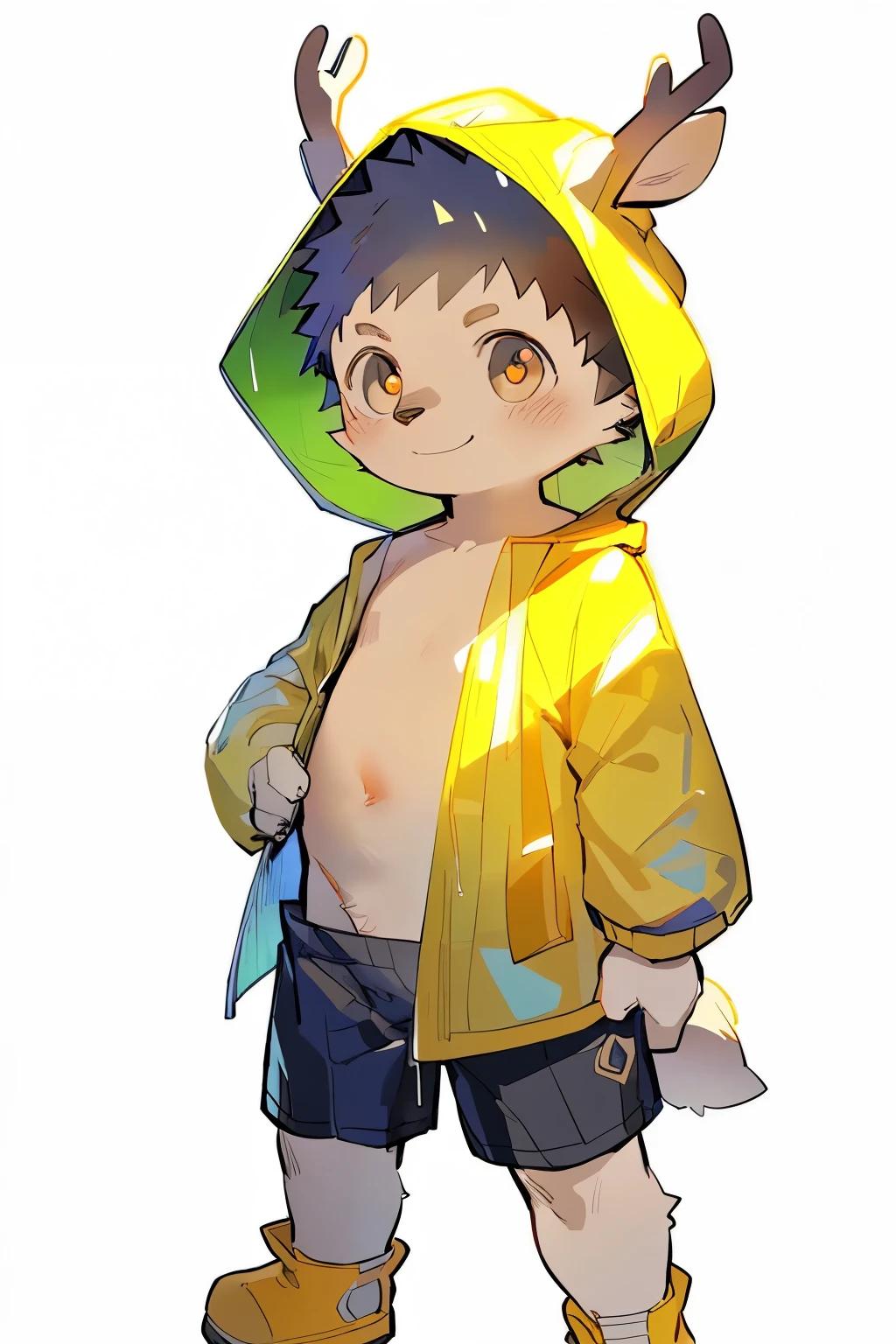 masterpiece, best quality, Perfect anatomical structure, Bright Eyes, Big watery eyes, From milkytiger1145, author：K0BIT0WANI,Kindergarten boys, Mascot boy, Shorter boy, best quality, high resolution, Extremely detailed,Realistic Tips, ,（Wearing a nude, loose, semi-transparent hooded raincoat，Transparent raincoat，Raincoat hood，Nude transparent shorts）, rain, Rain boots,Standing，deer，Smile， external, close up，((Boy，shota))，