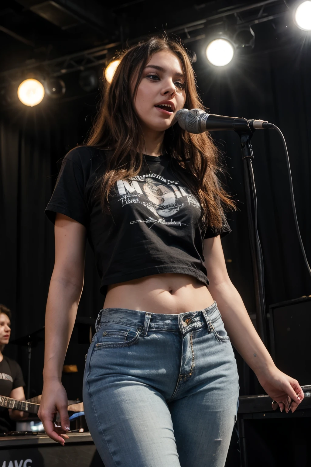 HDR((best quality)), ((masterpiece)), (detailed), very beautiful woman(medium fat body), long hair, wearing a black t-shirts and jeans, she is going to singing(hanging a mic), performe on the stages, the bands, sound system, the lights, concert(realistic)