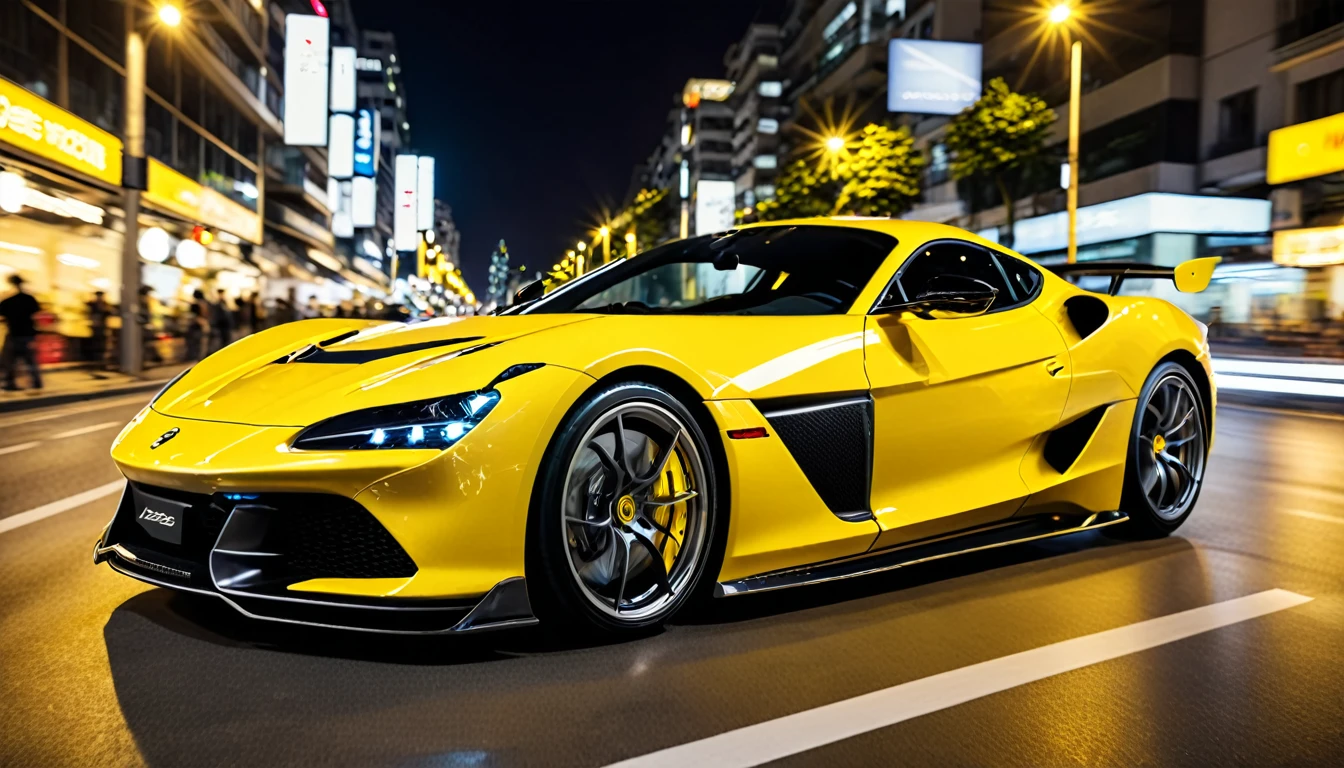 The night shot of the yellow supercar is full of dynamism.、visually impactful photos of car trails。capture the movement of cars, environmental light sources,increase the atmosphere of the scene。ISO set to 400.Aperture f/4/2.8-f/4.shutter speed between 1 second and 1/between 4 seconds.( perfect anatomy )masterpiece, Bright and fresh filter light and shadow、perfect composition.best quality、High resolution、、sharpest focus、Hyper-realistic photos、Super accurate photos、Depth of Field、perfect anatomy，and texture details、