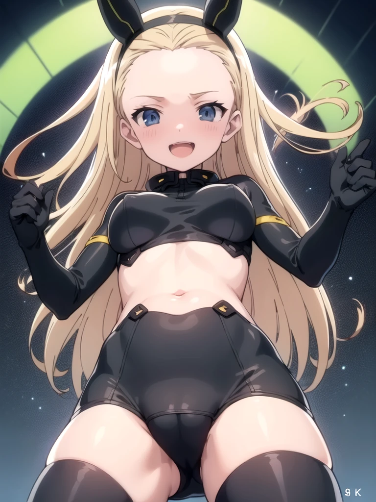 (masterpiece:1.3), (illustration:0.8, anime coloring:1.5),best quality, best quality, high resolution, unity 8k wallpaper, extremely detailed face, beautiful detailed eyes:1.4, super detailed skin:1.4, (elise, long hair, blonde hair, forehead, blue eyes, short stature, Elementary school students, solo), green pilot suit, animal ears, spread legs, open breast suit, no bra, beatiful nipple, show off nipple, cameltoe, green boots, green thighhighs, embarrassed, open mouth, smile, Warship, looking at viewer, from below,