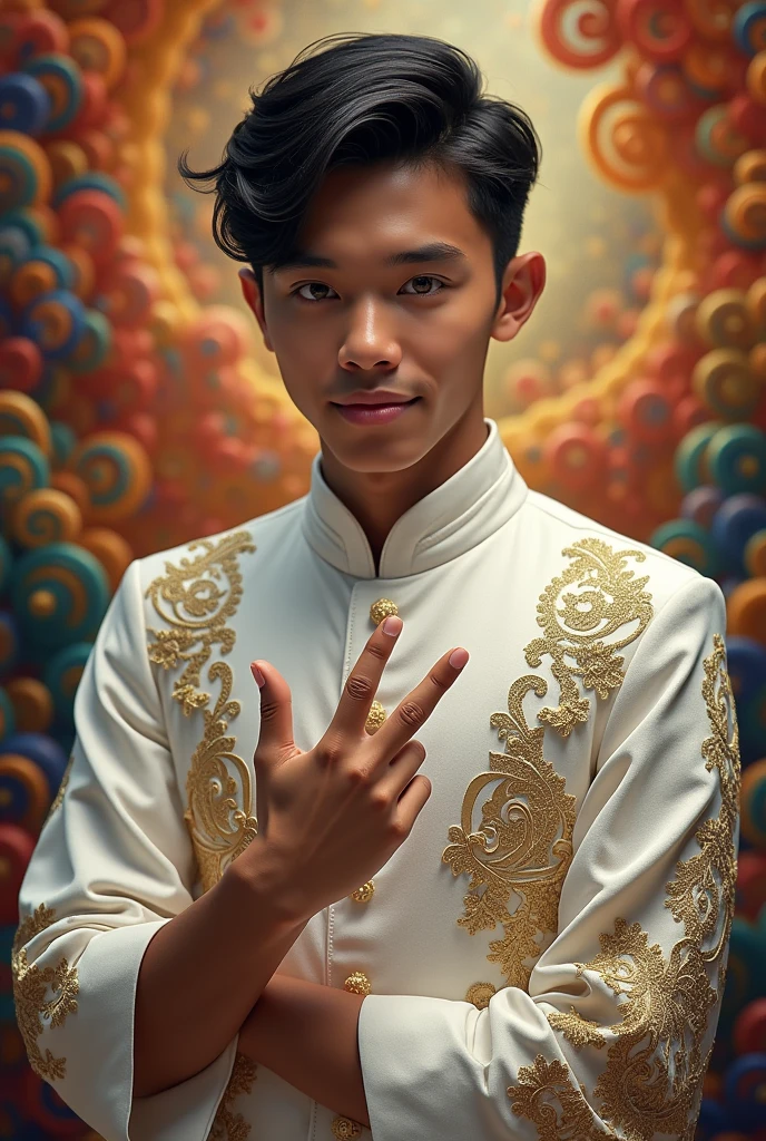 a young man with black hair, beautiful detailed eyes, beautiful detailed lips, extremely detailed face, longeyelashes, wearing a white barong tagalog, peace sign, detailed background, intricate patterns, vibrant colors, cinematic lighting, dramatic atmosphere, fantasy style, digital art, (best quality,4k,8k,highres,masterpiece:1.2),ultra-detailed,(realistic,photorealistic,photo-realistic:1.37)