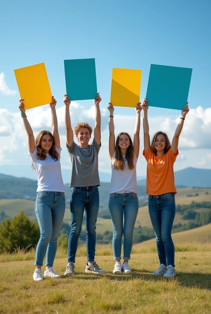 I believe that 4 young people, that they are holding a sign that measures 30cm wide and 3 meters long and that the people are dressed in normal street clothes. And let it have a landscape background
