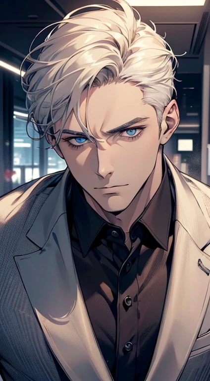 (best quality, masterpiece, 8K, photorealistic, cinematic lighting, hdr image, ultra detailed, beautiful image), 1 man, 31 years old, mature man, very handsome, (without expression, serious), short white hair, blue eyes ( penetrating gaze), perfect face without errors, imposing posture, without errors, businessman, office background