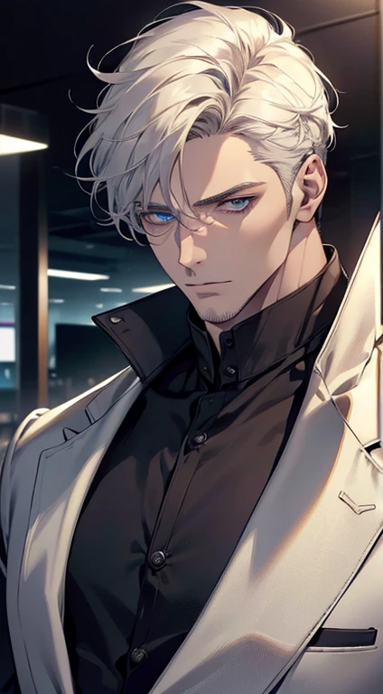 (best quality, masterpiece, 8K, photorealistic, cinematic lighting, hdr image, ultra detailed, beautiful image), 1 man, 31 years old, mature man, very handsome, (without expression, serious), short white hair, blue eyes ( penetrating gaze), perfect face without errors, imposing posture, without errors, businessman, office background