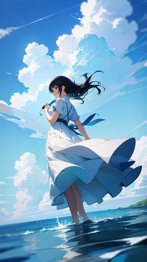 woman、On the water、return、blue sky、Wind、White Dress、Fantasy、mysterious