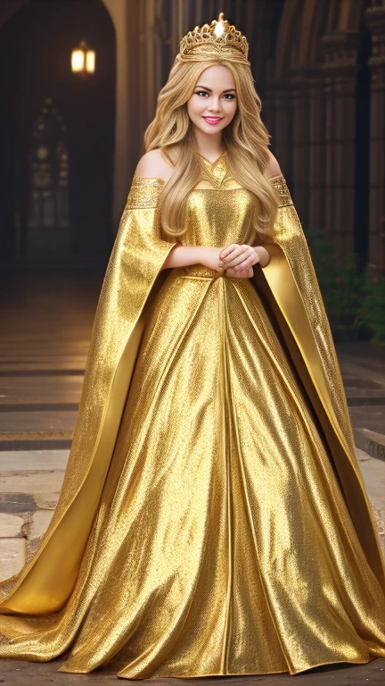 Once upon a time, live the beautiful princess, with golden armor and cloak, long blonde hairs, crown on the head, waiting someone for a love, she have beautiful smile, courtyards, full body, (Masterpiece), (best quality), (high quality), (extremely detailed) CG unity, 8k wallpaper, (cinematic angle)