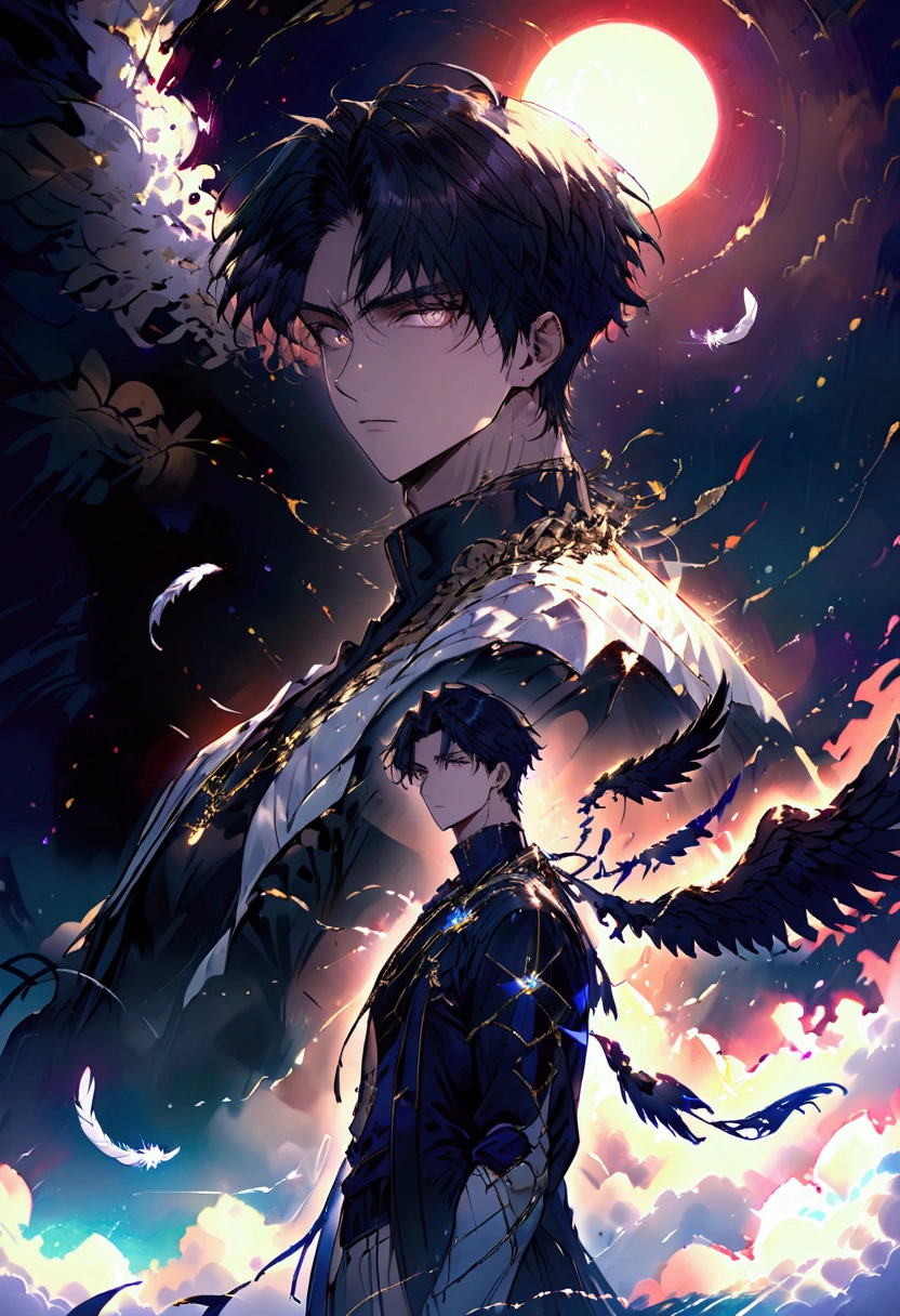 anime style illustration, high quality concept art, clear image, digitalpainting, trends on ArtStation and Pixiv. The scene has a low-angle perspective, showing 1 man and 1 boy in view, two characters, adult version, Children's version, parted, cut from the center from top to bottom, as if breaking the space, thus shaping two different terrains. The man has 1,52 tall, the child is five years old. The background shows sunset with cloudy sky, with natural and bluish lighting, o terreno contrasta entre nuvens nubladas que rodeiam a adult version, a grassy terrain surrounding the version  ((the boy has no wings)), movie scene. Male characters with identical appearance: Anatomical Bodies, skin tanned, golden eyes with red tones, Detailed features, eyes large, black curly hair with a green fringe that reaches his eyes. An adult, a Fallen Angel with an athletic physique, stands in an upright pose, with his back slightly arched and his arms at his sides, he is in the sky looking with an expressionless face at his smaller version, looking at camera, his dark wings on full display. Wears tight lingerie, made of black fabric with gold lines, drawn with an opening in the back to protect his beautiful pair of large additional black wings, with feathers illuminated by the sun. The boy is small, has a lean physique, is in a dynamic pose, with his right arm raised to the sky and his fist clenched, while the purple and blue-white magic shines intensely around him. Your expression is stern, with furrowed brows in deep concentration. He wears loose clothing for the cold: tight beige pants, golden regatta, white sports sneakers, with a white velvet cloak firmly covering him, in addition to a necklace with a bright sapphire exposed on his chest. An illusory pentagram appears on the ground near the feet of the , lights shine with purple touches of darkness, mixed with deep blues.