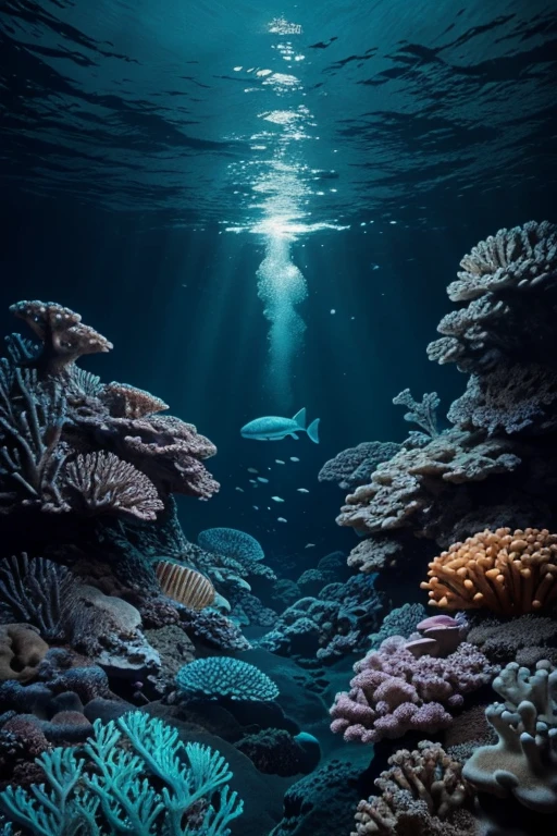 stunning image of an underwater scene showcasing bioluminescent creatures, coral reefs, or a mysterious deep-sea environment