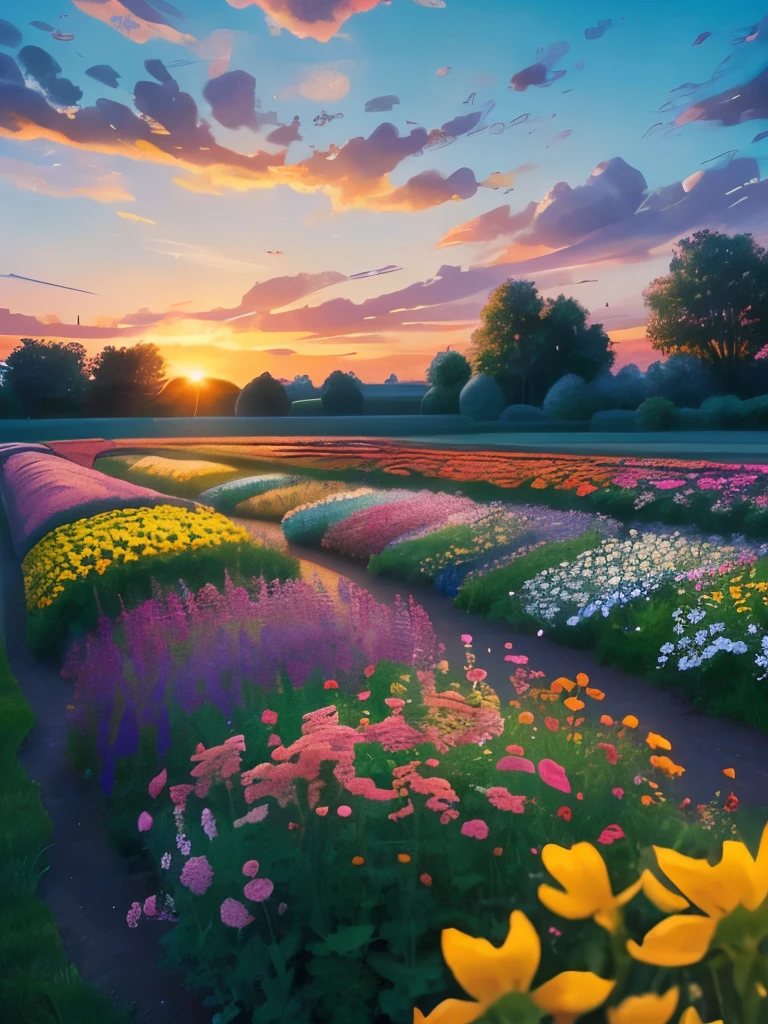 arafed view of a field of flowers with a sunset in the background, flower garden summer morning, beautiful border, in a cottagecore flower garden, cottagecore flower garden, lush flowery outdoors, incredibly beautiful, beautiful setting, beautiful lush colors, beautiful garden, flower garden, beautiful scene, flowers garden, very very beautiful!