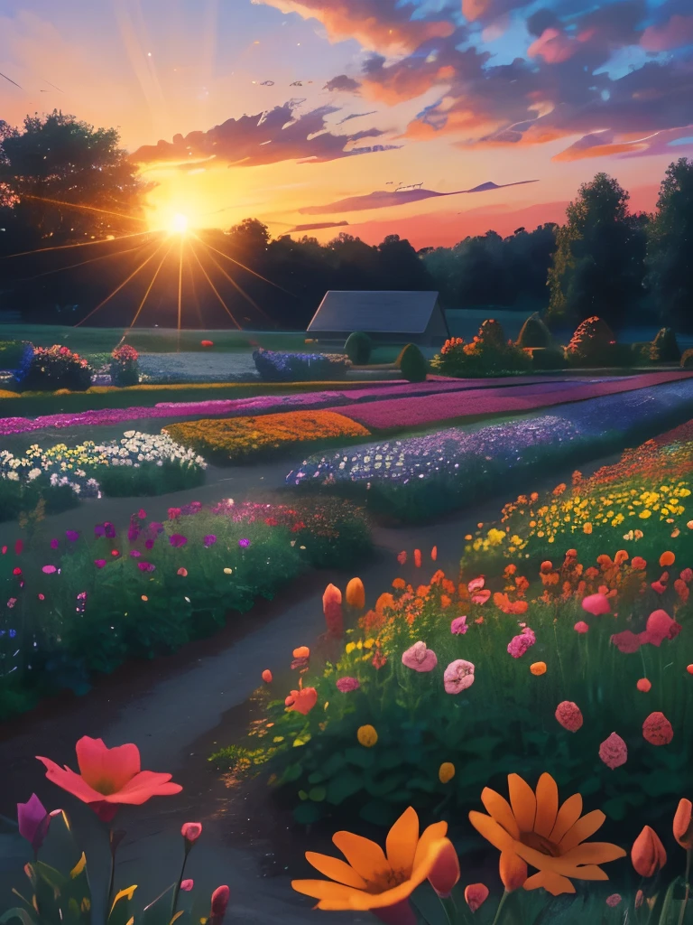 arafed view of a field of flowers with a sunset in the background, flower garden summer morning, beautiful border, in a cottagecore flower garden, cottagecore flower garden, lush flowery outdoors, incredibly beautiful, beautiful setting, beautiful lush colors, beautiful garden, flower garden, beautiful scene, flowers garden, very very beautiful!