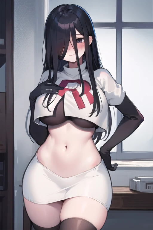 masterpiece, detailed, high quality, absurdres, sadako, (hair over eyes), pale skin, blush, large breasts, curvy, navel, stomach, groin, team rocket,team rocket uniform,white skirt,red letter R,crop top,black thigh-highs,black elbow gloves, cowboy shot,