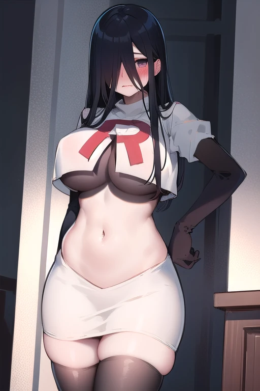 masterpiece, detailed, high quality, absurdres, sadako, (hair over eyes), pale skin, blush, large breasts, curvy, navel, stomach, groin, team rocket,team rocket uniform,white skirt,red letter R,crop top,black thigh-highs,black elbow gloves, cowboy shot,