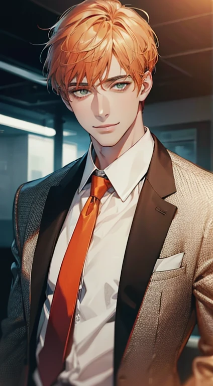 (Highest quality,4K,8K,High resolution,masterpiece:1.2),Super detailed,(Realistic,photoRealistic,photo-Realistic:1.37),1 person,34 years old,Mature Men,Beautiful skin、very handsome,Expressionless smile in love,Short orange hair,green eyes,Sharp Eyes,A perfect face without a doubt,Businessman, CEO, Office Background,Cinema Lighting,HDR image,tie、