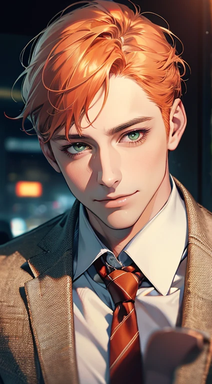 (Highest quality,4K,8K,High resolution,masterpiece:1.2),Super detailed,(Realistic,photoRealistic,photo-Realistic:1.37),1 person,34 years old,Mature Men,Beautiful skin、very handsome,Expressionless smile in love,Short orange hair,green eyes,Sharp Eyes,A perfect face without a doubt,Businessman, CEO, Office Background,Cinema Lighting,HDR image,tie、