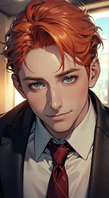 (Highest quality,4K,8K,High resolution,masterpiece:1.2),Super detailed,(Realistic,photoRealistic,photo-Realistic:1.37),1 person,34 years old, Men,Beautiful skin、very handsome,Expressionless smile in love,Short orange hair,green eyes,Sharp Eyes,A perfect face without a doubt,Businessman, CEO, Office Background,Cinema Lighting,HDR image,tie、