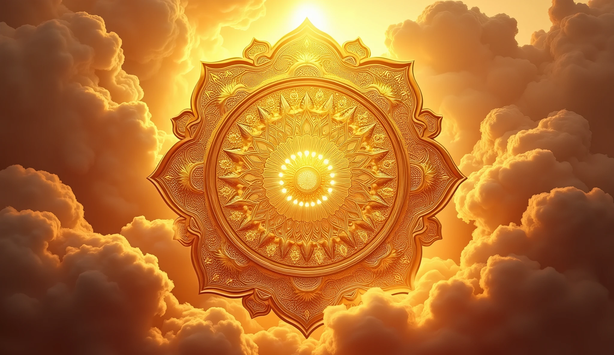 Gold mandala, golden mandala, clouds, symmetrical picture, beautiful lighting, 3d, nenuphar, ruby, 3d, vivid colors, intricate, elegant, cristal, smooth, sharp focus, highly detailed digital painting, illustration, joy, yellow, citron, chakra, tibetan, 3d, multidimensionnal, orange, chakras, 300dpi