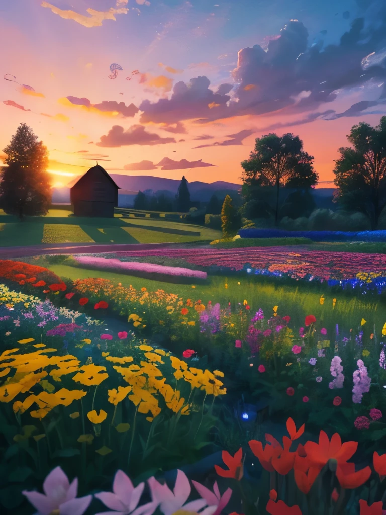 arafed view of a field of flowers with a sunset in the background, flower garden summer morning, beautiful border, in a cottagecore flower garden, cottagecore flower garden, lush flowery outdoors, incredibly beautiful, beautiful setting, beautiful lush colors, beautiful garden, flower garden, beautiful scene, flowers garden, very very beautiful!