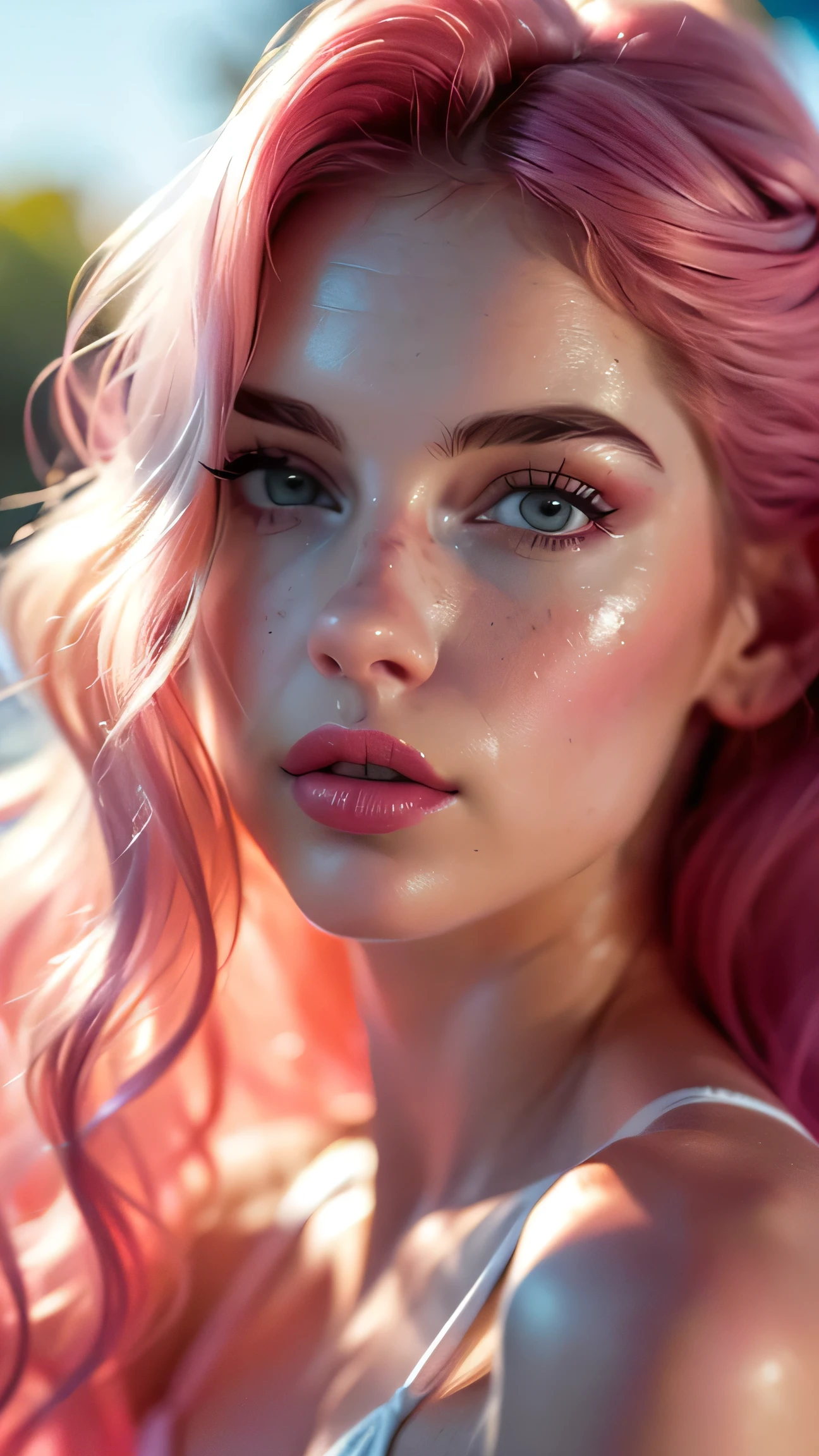 (((ultra realistic))) Photo, masterpiece, top quality, (pale skin), (Ultra detailed face and eyes:1.3), 1 girl, Adult, In Lifchik, ((Eye makeup, pink mascara)), ((large detailed lips)), ((pink wavy hair)), ((Stylish hairstyle)) , (Natural breasts), Slim waist. ((Posing, palms on face)), photoshoot, Studio soft lighting, (The play of light and shadows), depth of field, bokeh, (special attention to skin detail: 1.2), Detailed leather texture, skin pores. (Airy atmosphere of the frame. Color range - delicate, Bright, Pink tones), UDR, ((Film grain)), ((rays)), (Glare), ((waist up portrait, close to the camera)) , ultra detialed,