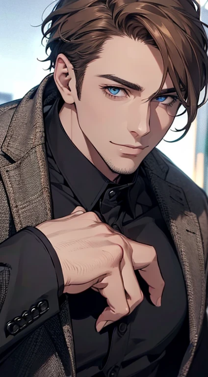(best quality,4k,8k,highres,masterpiece:1.2),ultra-detailed,(realistic,photorealistic,photo-realistic:1.37),1 man,31 years old,mature man,very handsome,without expression,smile,short grey brown hair,blue eyes,penetrating gaze,perfect face without errors,imposing posture,businessman,office background,cinematic lighting,hdr image