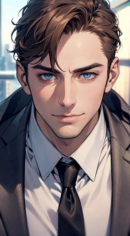 (best quality,4k,8k,highres,masterpiece:1.2),ultra-detailed,(realistic,photorealistic,photo-realistic:1.37),1 man,31 years old,mature man,very handsome,without expression,smile,short grey brown hair,blue eyes,penetrating gaze,perfect face without errors,imposing posture,businessman,office background,cinematic lighting,hdr image