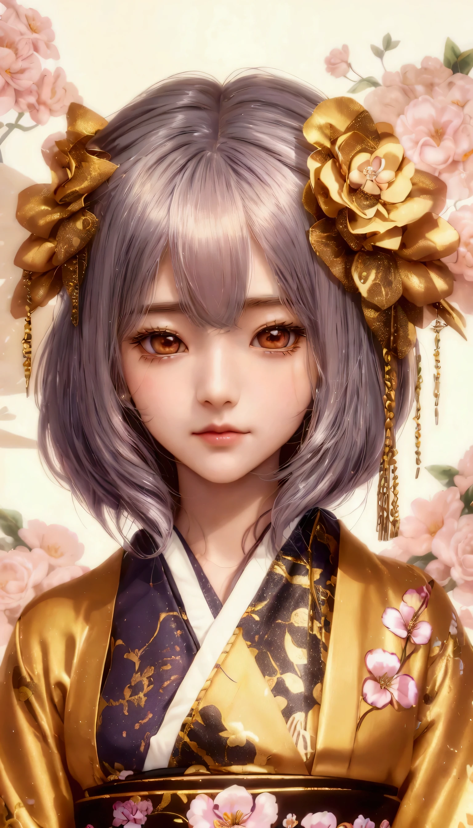 Flowers in hair、A girl wearing a golden kimono, Cute realistic portrait, Stunning Anime Face Portraits, Realistic Anime 3D Style, Beautiful anime style, Beautiful anime portraits, artwork in the style of Gwaiz, Anime-style 3D, Detailed portrait of an anime character, Japanese art style, Gwaiz, Beautiful anime faces, sakimi chan
