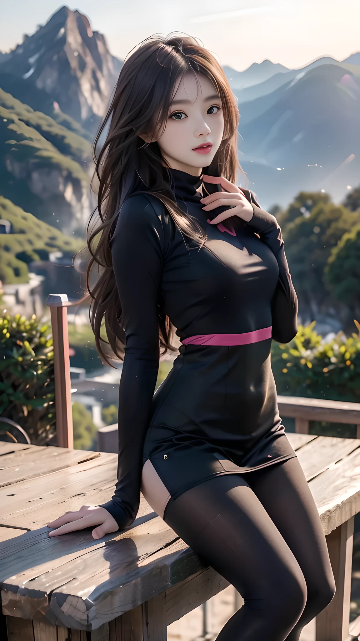 ulzzang-6500-v1.1, (RAW photo: 1.2), (Real photo), (Real photo: 1.4), 1 girl、Perfect anatomy、19 years old、Looking at the camera、Medium length hair、Uniform dress, watching the sunset, ((in the mountains: 1.1))、(Hyperrealistic tights: 1.2), (Business service)、Asian eyes Ella,