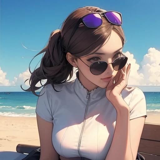 , A girl with one sunglasses perched on her forehead,
