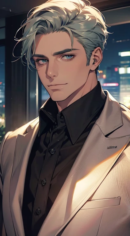 (best quality,4k,8k,highres,masterpiece:1.2),ultra-detailed,(realistic,photorealistic,photo-realistic:1.37),1 man,31 years old,mature man,very handsome,without expression,smile,short grey green hair,blue eyes,penetrating gaze,perfect face without errors,imposing posture,businessman,office background,cinematic lighting,hdr image