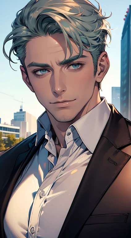 (best quality,4k,8k,highres,masterpiece:1.2),ultra-detailed,(realistic,photorealistic,photo-realistic:1.37),1 man,31 years old,mature man,very handsome,without expression,smile,short grey green hair,blue eyes,penetrating gaze,perfect face without errors,imposing posture,businessman,office background,cinematic lighting,hdr image