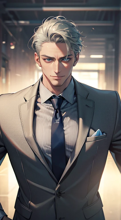 (best quality,4k,8k,highres,masterpiece:1.2),ultra-detailed,(realistic,photorealistic,photo-realistic:1.37),1 man,31 years old,mature man,very handsome,without expression,smile,short grey green hair,blue eyes,penetrating gaze,perfect face without errors,imposing posture,businessman,office background,cinematic lighting,hdr image