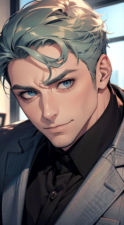 (best quality,4k,8k,highres,masterpiece:1.2),ultra-detailed,(realistic,photorealistic,photo-realistic:1.37),1 man,31 years old,mature man,very handsome,without expression,smile,short grey green hair,blue eyes,penetrating gaze,perfect face without errors,imposing posture,businessman,office background,cinematic lighting,hdr image