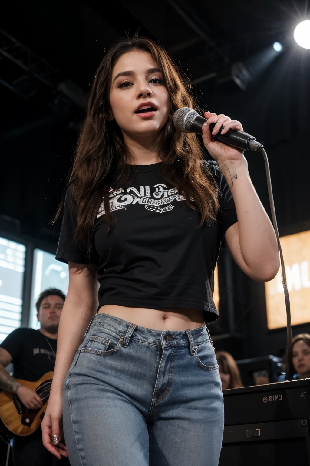 HDR((best quality)), ((masterpiece)), (detailed), very  beautiful woman(medium fat body), long hair, wearing a black t-shirts and jeans, she is going  to singing(hanging a mic), performe on the stages, the bands, sound system, the lights, concert(realistic)