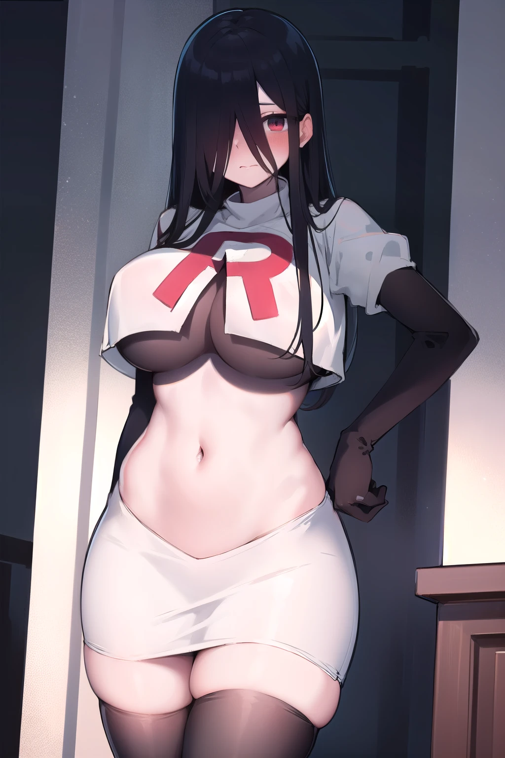 masterpiece, detailed, high quality, absurdres, sadako, (hair over eyes), pale skin, blush, large breasts, curvy, navel, stomach, groin, team rocket,team rocket uniform,white skirt,red letter R,crop top,black thigh-highs,black elbow gloves, cowboy shot,