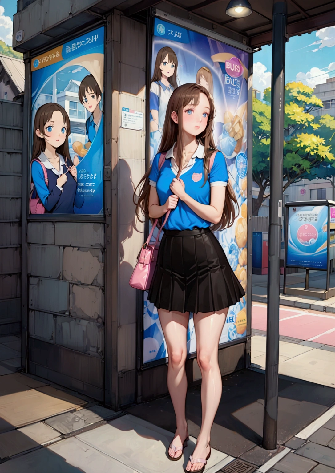 realistic anime illustration of beautiful young woman in dyed brown long straight hair (+forehead), she is waiting someone at bus stop on footpath, she is carrying a pink handbag, she wearing blue polo shirt, black mini skirt, pastel pink scarf covered her shoulders, (1girl, solo, full body), (masterpiece, best quality, japanese anime style), (expressive eyes, perfect face)